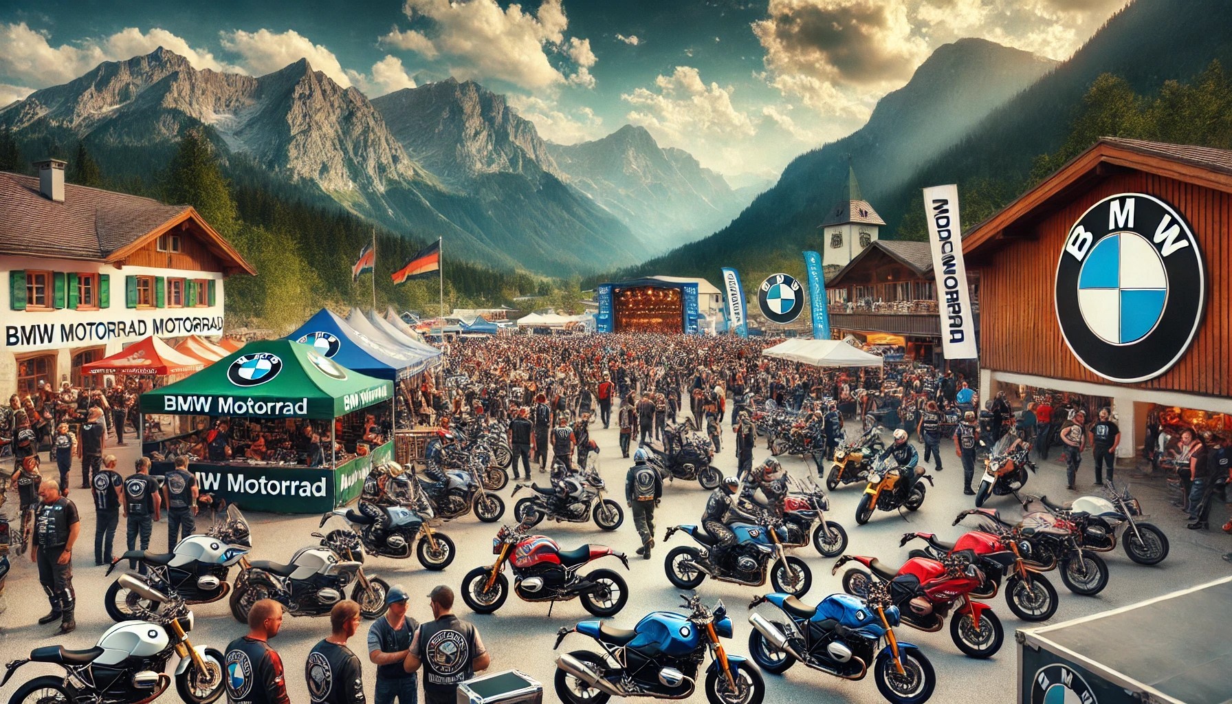 DALL·E 2024-07-30 17.23.23 - A vibrant scene at the BMW Motorrad anniversary celebration in Garmisch. The setting features a picturesque mountain backdrop, bustling with BMW motor