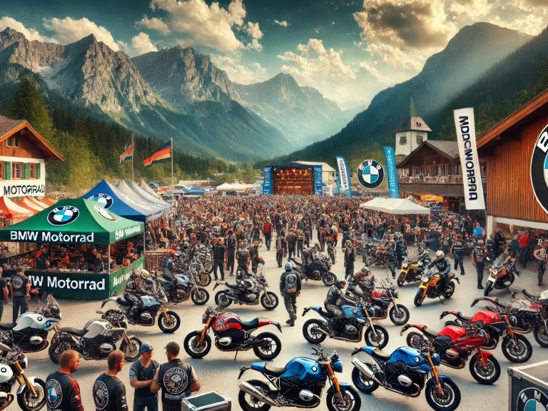 DALL·E 2024-07-30 17.23.23 - A vibrant scene at the BMW Motorrad anniversary celebration in Garmisch. The setting features a picturesque mountain backdrop, bustling with BMW motor