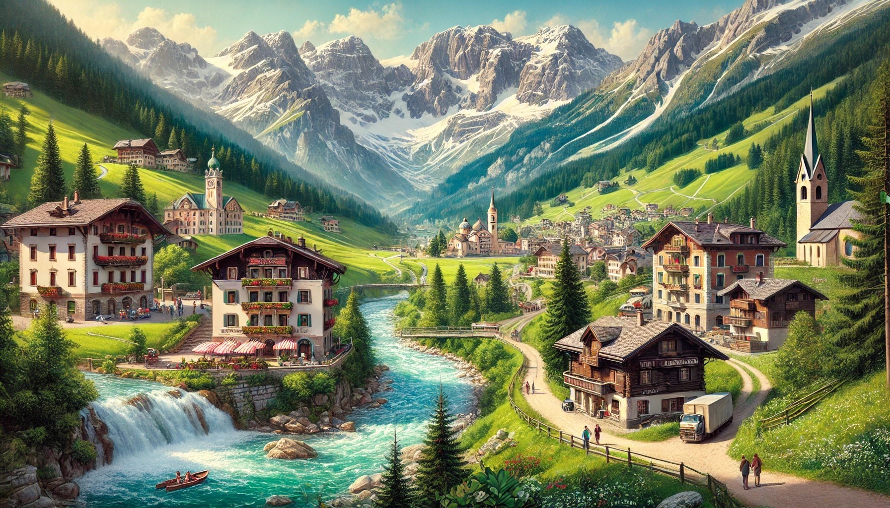 DALL·E 2024-07-29 18.27.21 - A picturesque scene of Cavalese, Moena, and Passo Valles in the Italian Alps. The image captures the charming village of Cavalese with its traditional