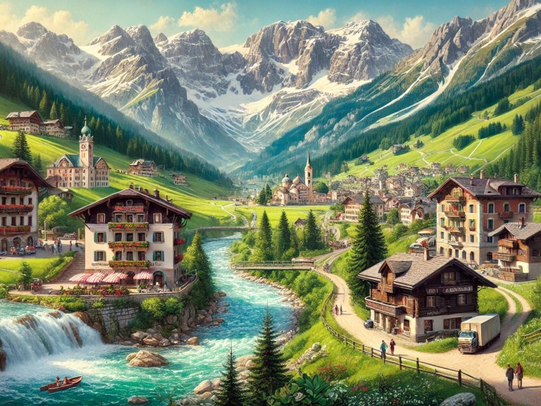 DALL·E 2024-07-29 18.27.21 - A picturesque scene of Cavalese, Moena, and Passo Valles in the Italian Alps. The image captures the charming village of Cavalese with its traditional